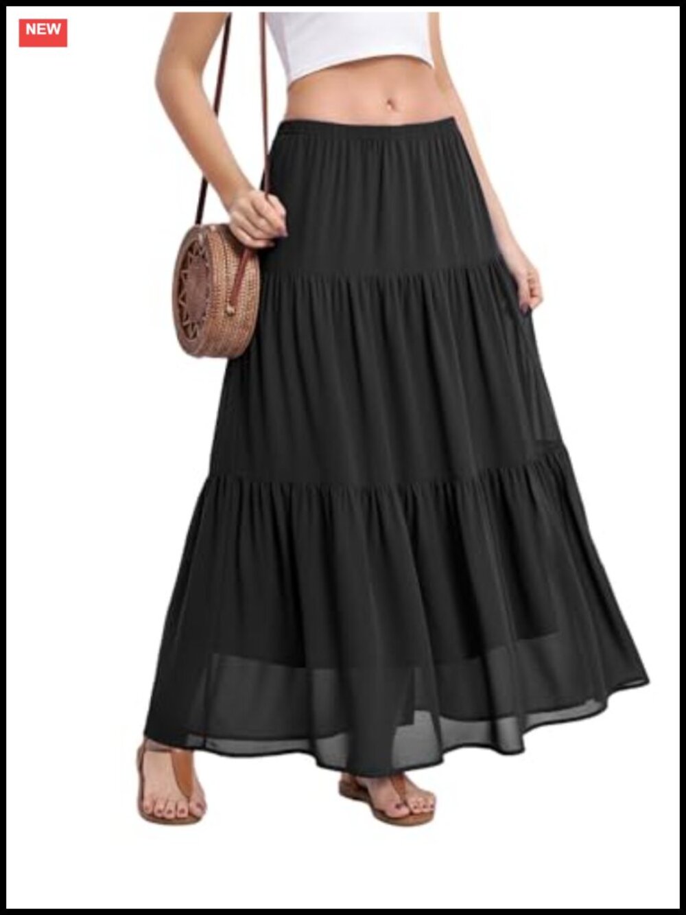 Pleated Chiffon A-Line Maxi Skirt High Waist Elastic Flowy Double Layer Casual
